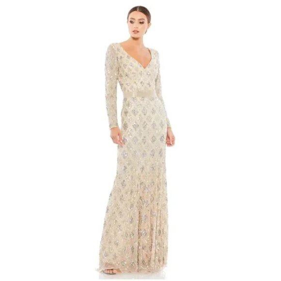 MAC DUGGAL Long Sleeve Sequin Gown in Nude Size US 12 - Picture 12 of 15